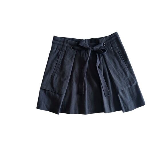 BCBGMAXAZRIA Paperbag Waist Mini Skirt Black Linen Blend Tie Belt M - Picture 2 of 9